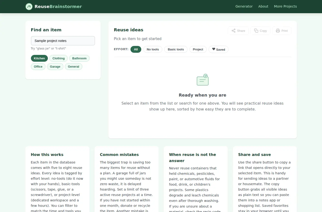 Screenshot of Everyday Item Reuse Brainstormer interface showing the project page in use